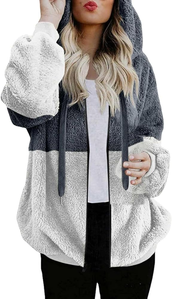 ECKHARDT Womens Winter Long Sleeve Solid Fuzzy Fleece Jackets Coats Warm Winter Zip-Up Fluffy Outwear With Pockets