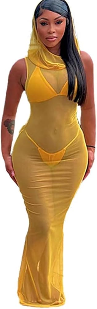 3 Piece Swimsuit Bathing Suit for Women Sexy Halter Bikini Sets with Sleeveless Sheer Mesh Maxi Cover Up Dress