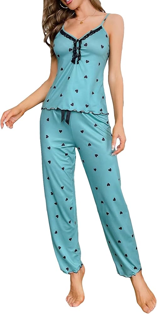 WDIRARA Women's Heart Print Sleepwear Lace Trim Bow Cami and Pants Pajama Set