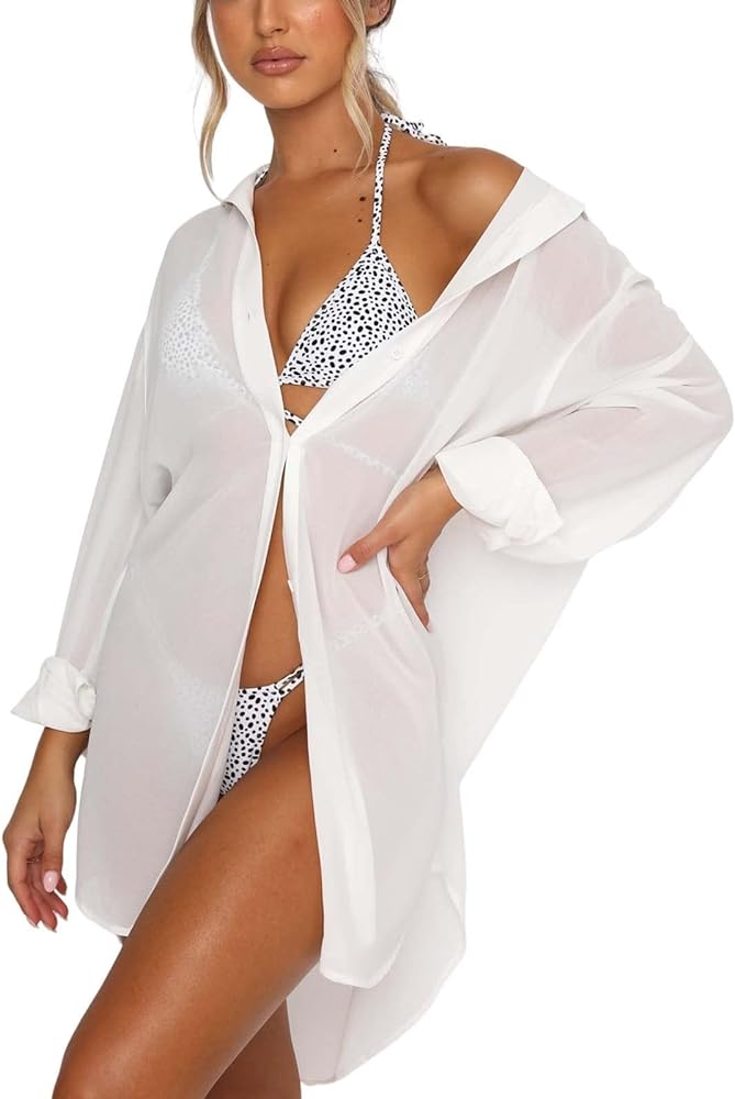 Women's Swimsuit Beach Cover Up Loose V-Neck Button Down Bikini Bathing Suit