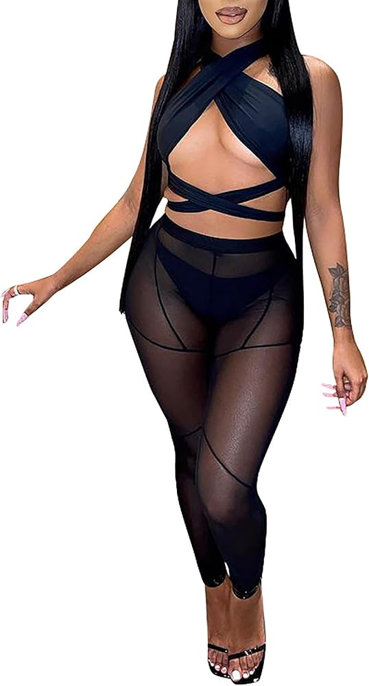 Jumpsuit for Women Sexy Clubwear - 2 Piece Outfits Bandage Crop Tops and Bodycon Legging Sets Black XXL