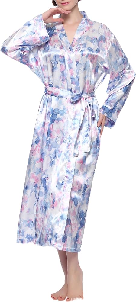 Lavenderi Women's Satin Robe Long Classic Satin Kimono Robe Lounge Bathrobe Robe