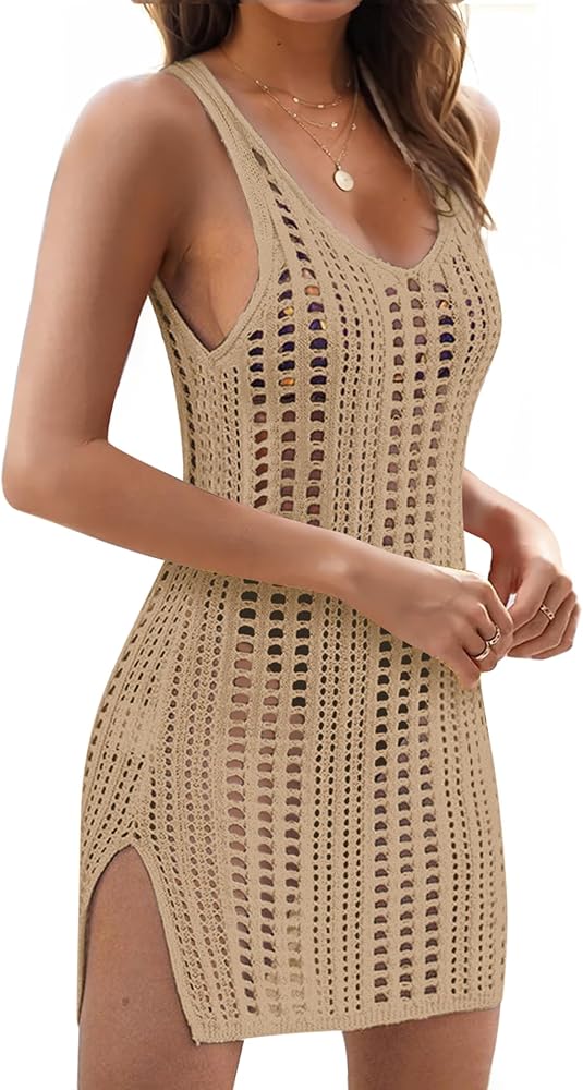 Women's Swimsuit Coverup Beach & Bathing Suit Crochet Cover-Up Bikini Cover Ups for 2024 Vacation Dress Essentials Khaki