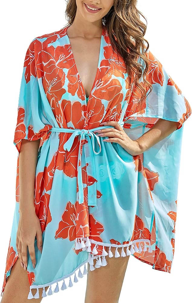 AS ROSE RICH Kimonos for Women - Summer Swim Cover Up - Plus Size Floral Kimono Cardigan - Aqua Blue Large