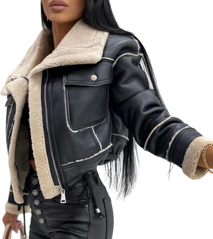 Womens Moto Bomber Jacket Faux Shearing Sherpa-Lined Winter Coat Aviator Leather Outerwear with Pockets