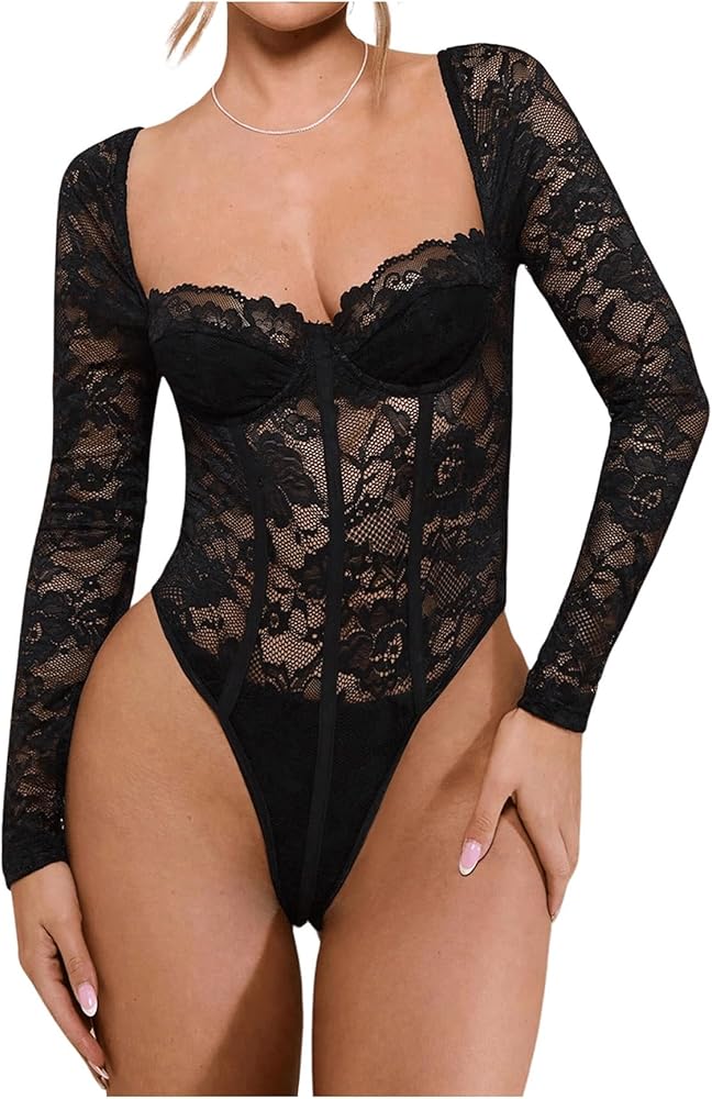 WDIRARA Women's Floral Lace Sweetheart Neck Long Sleeve Skinny Bodysuit Mesh Tops Clubwear