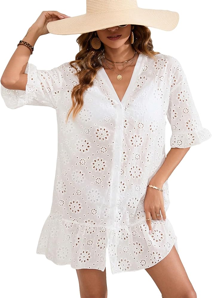 MakeMeChic Women's Eyelet Sheer Bikini Cover Up Short Sleeve V Neck Ruffle Kimono Cardigan Loose Beach Tops