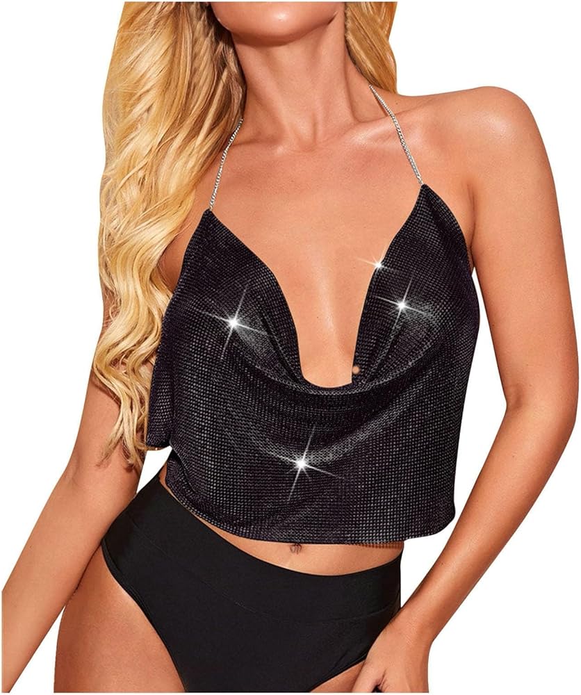 Women's Fashion Sexy Metal Sling Tie Strapless Tube Top Sequins Crop Top Bodysuit plus