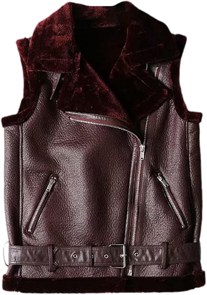 Winter Coat Women's Thick Faux Leather Fur Sheepskin Coat Women's Fur Leather Jacket Bomber Jacket Vest Wine M