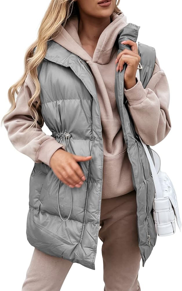 Yuemengxuan Women Long Cotton Vest Hooded Sleeveless Zipper Down Jacket Coat Winter Warm Padded Waistcoat with Pockets