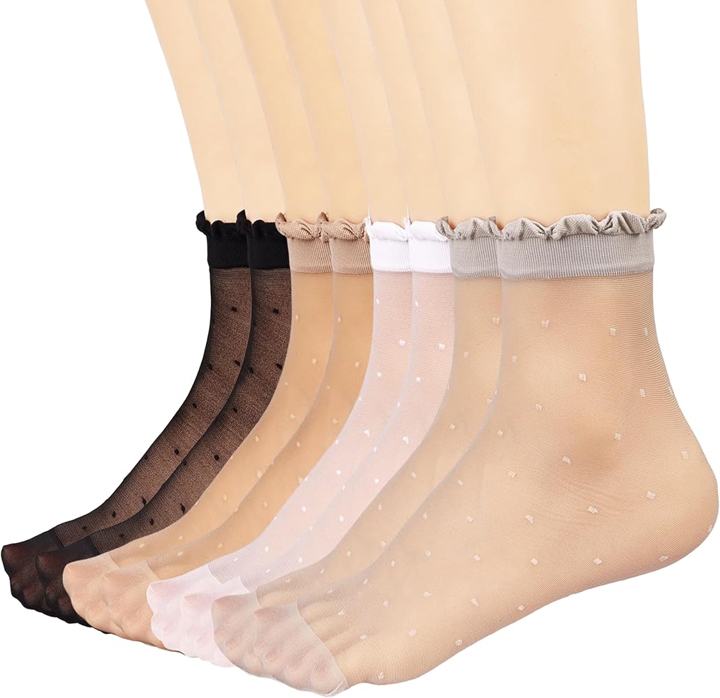 Mcool Mary 12 Pairs Women's Sheer Ruffled Socks Frilly Ankle High Nude Nylon Stocking Ultra Thin Cool Silk Socks for Women