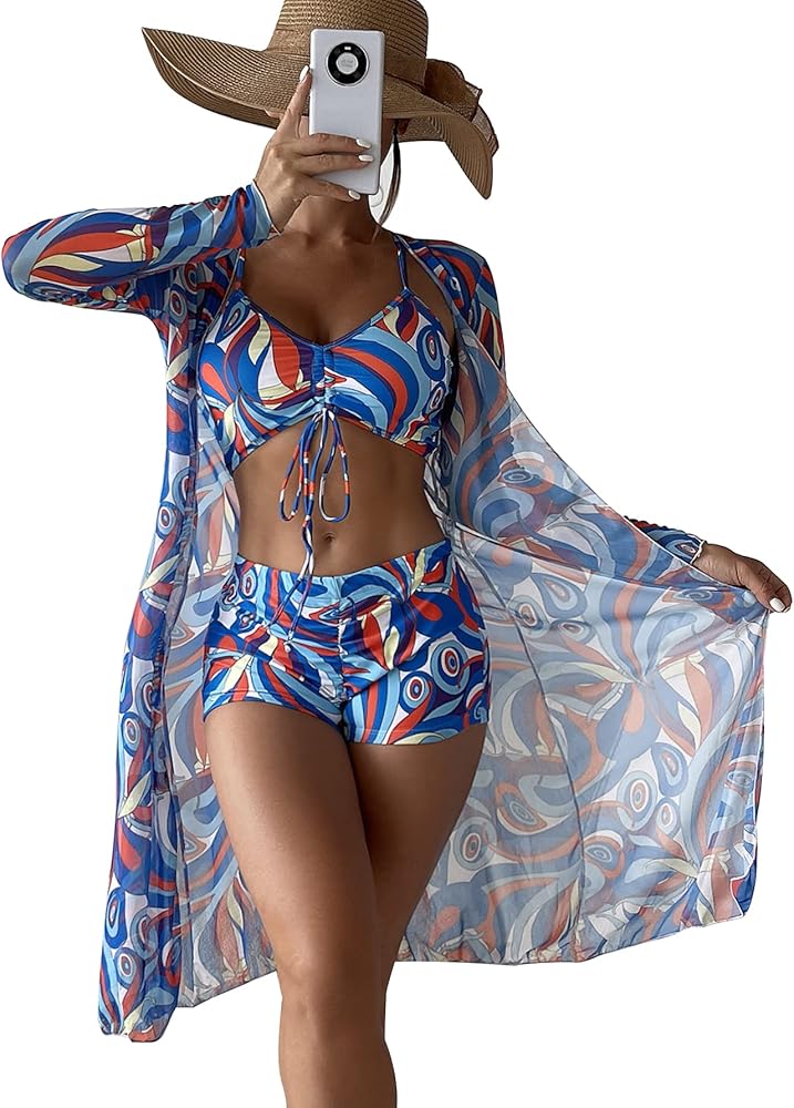 Nhicdns Women's 3 Piece Swimsuits Floral Print Beach Cover Ups High Waist Bikini Sets with Kimono Cover Ups