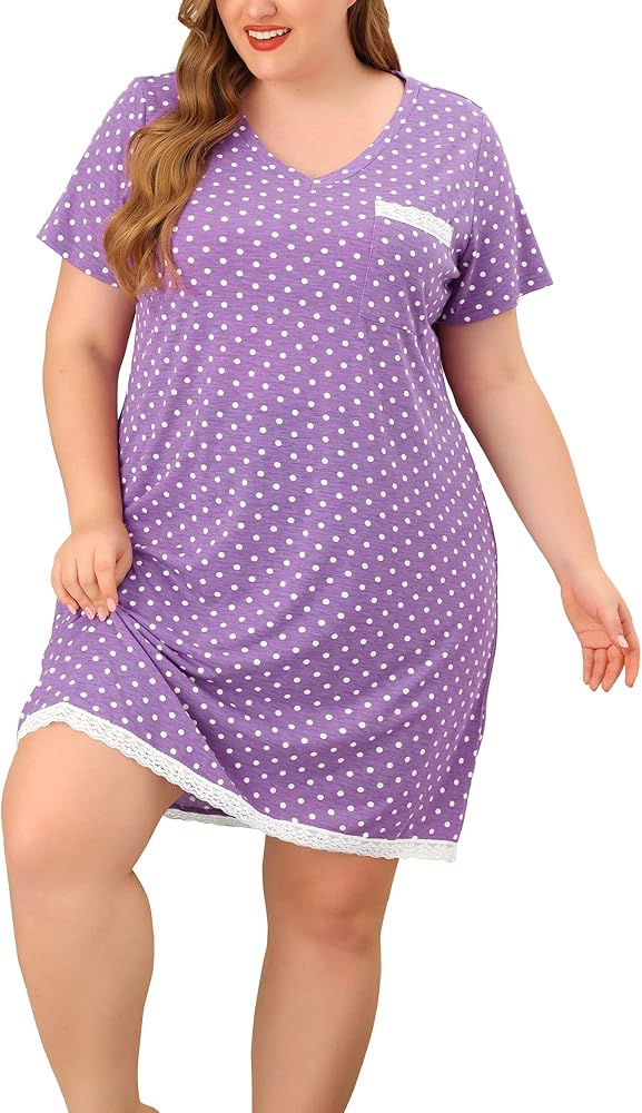 Agnes Orinda Women's Plus Size Nightgown Sleepwear Soft Sleepshirt Short Sleeve Lace Trim Nightshirt Lounge