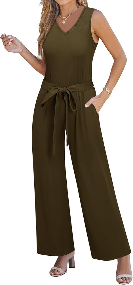 Womens V Neck Wide Leg Belted Jumpsuits with Pockets Sleeveless Tie Front Jumpsuit Tank Tops Wrap Drawstring Waist Rompers