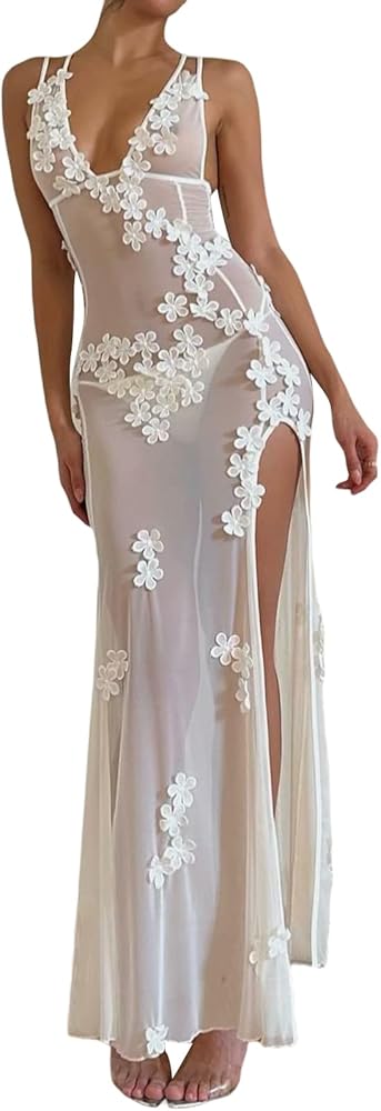 Women's Sexy Mesh Sheer Flower Cover Ups Backless See Through Maxi Dress Sleeveless Split Side V Neck Party Dress