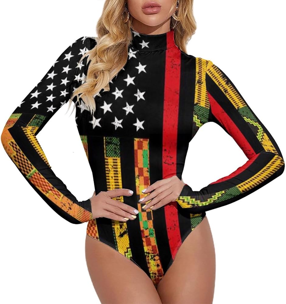 Kente US African American Red Line Flag Women's Long Sleeve Bodysuit Turtleneck Tops Stretch Jumpsuit T Shirts