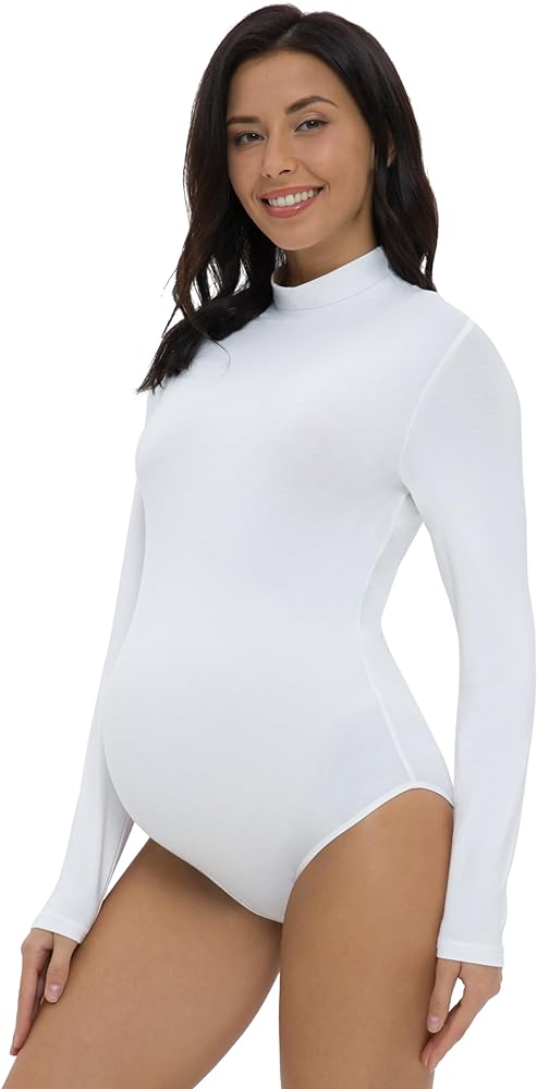 Foucome Women's Maternity Bodysuit Mock Turtle Neck Long Sleeve Tops Jumpsuit Pregnancy Stretchy Basic Body Suit Shirt