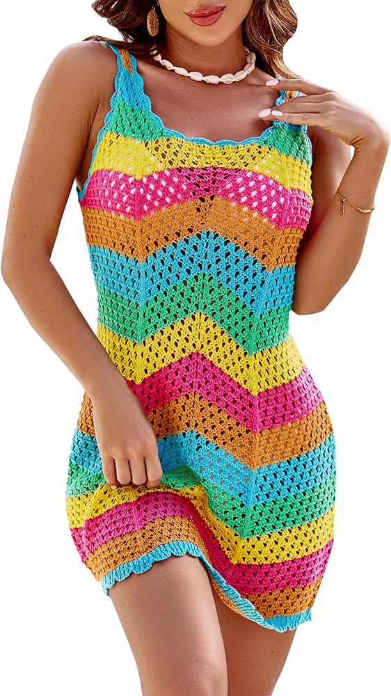 Blooming Jelly Women Beach Cover Ups Crochet Bathing Suit Cover up Striped Swimsuit Coverups Beach Dress Swimwear