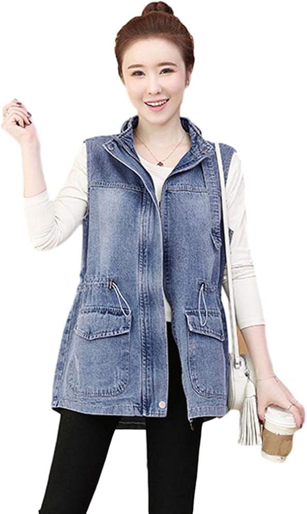 Women's Sleeveless Button Down Loose Fit Washed Denim Jean Vest Waistcoat Jacket