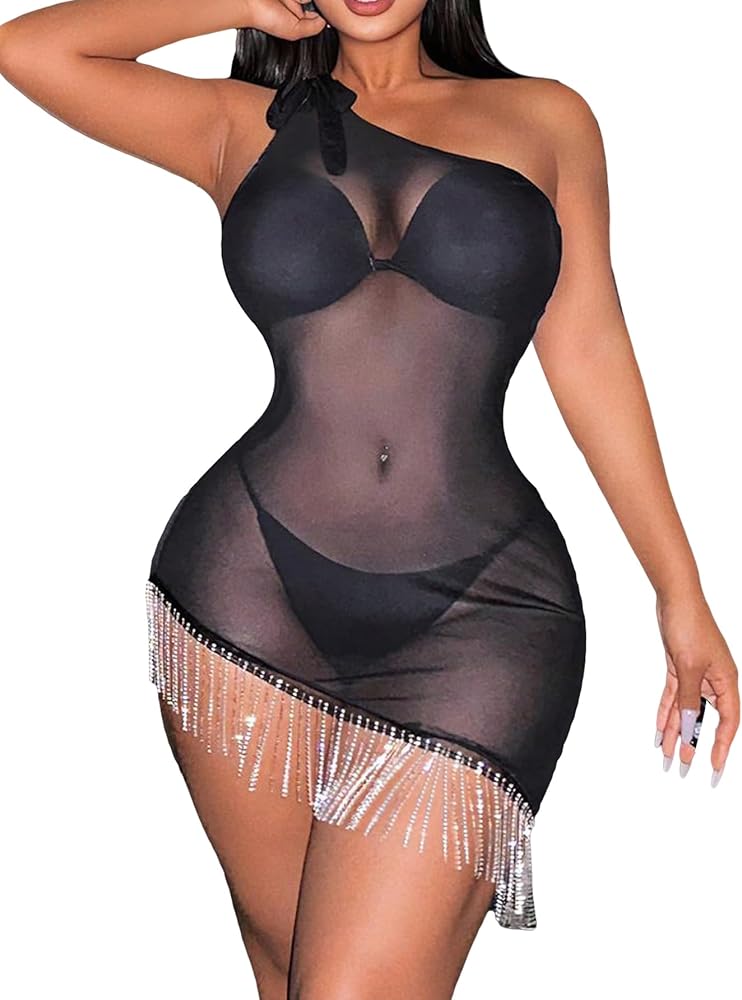 WDIRARA Women's Mesh One Shoulder Tie shoulder Swimwear Rhinestone Trim See Through Asymmetrical Hem Swimsuit Cover Ups