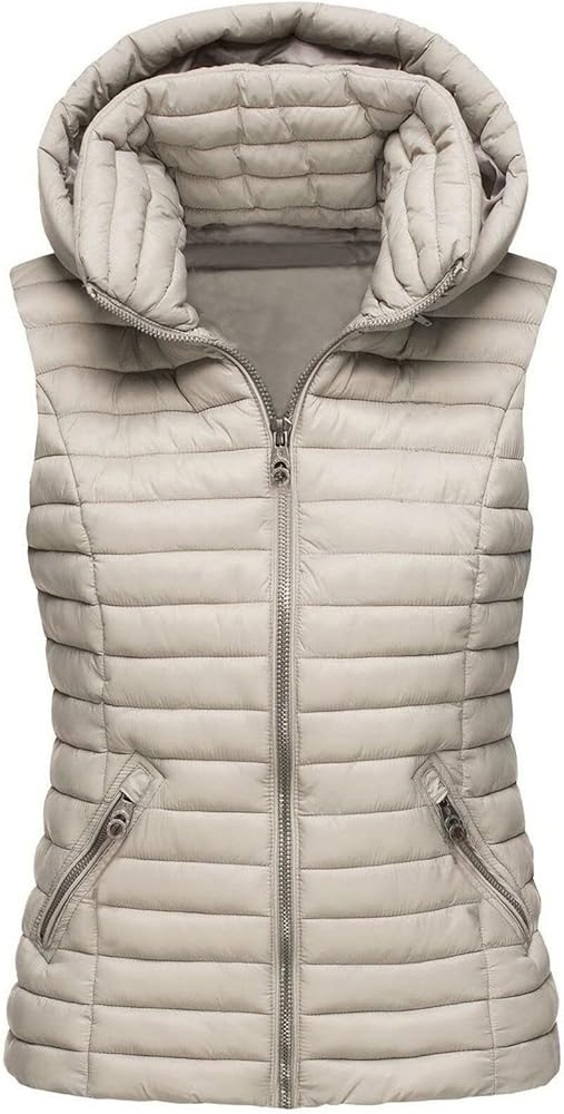 Puffer Jacket Womens Casual Fashion Sleeveless Solid Color Zipper Pocket Hooded Vest Warm Coat