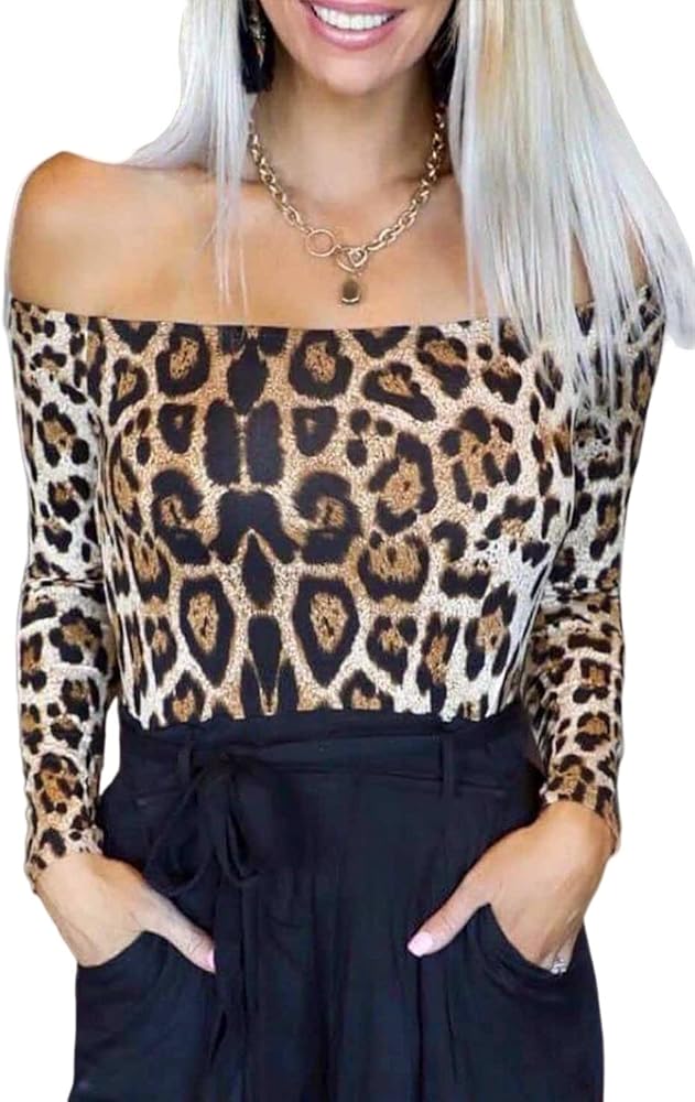 Women's Long Sleeve Off Shoulder Leopard Bodysuit Casual Slash Neck Leopard Tees Tops