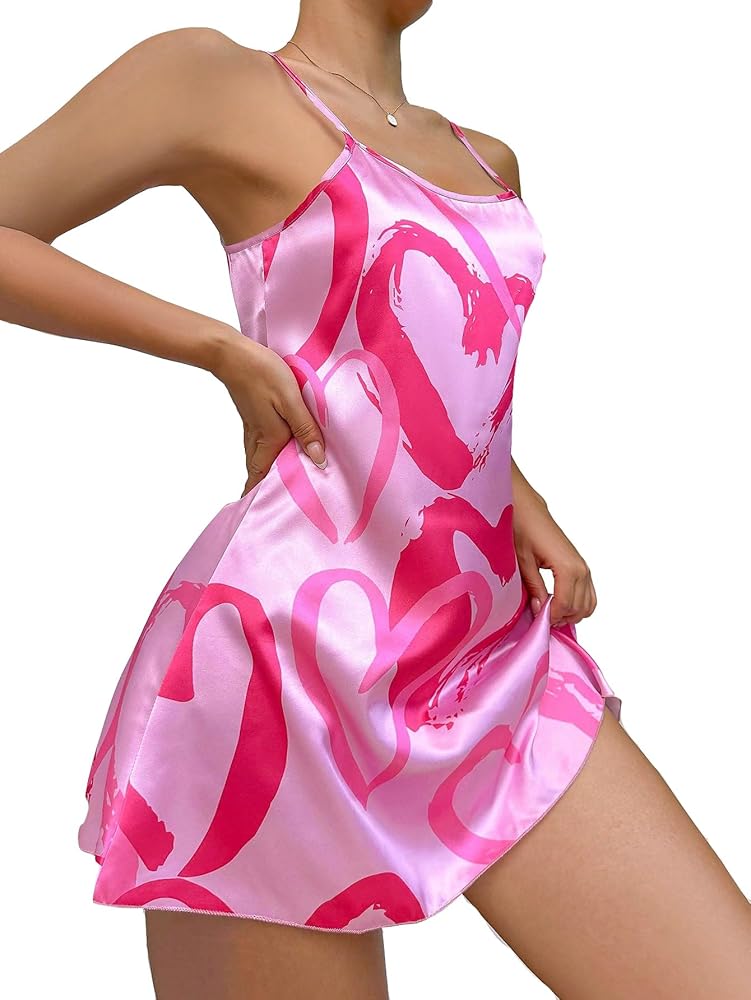 SOLY HUX Women's Silk Satin Flamingo Heart Print Nightgowns Sleepwear Slip Cami Mini Dress HotPink Heart XL