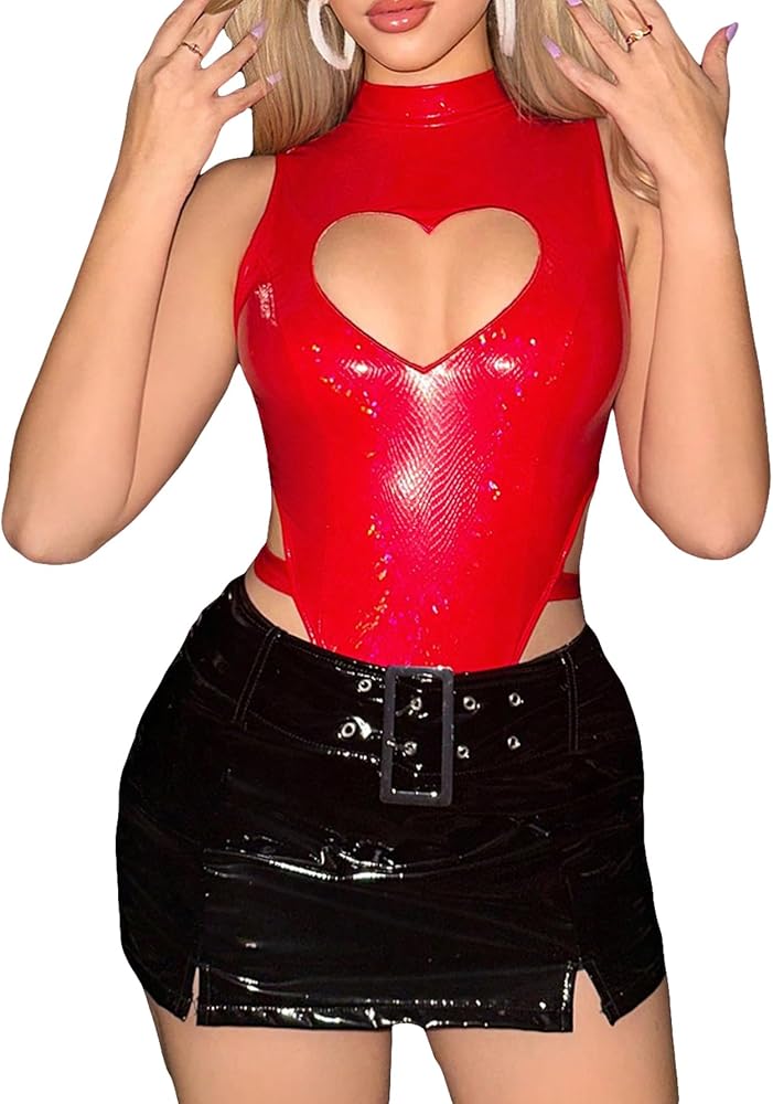 SHENHE Women's Sexy Heart Cut Out Mock Neck PU Leather Sleeveless Bodysuit