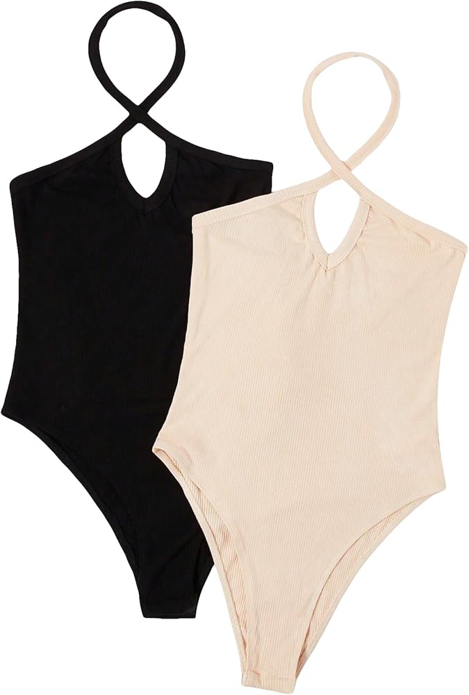 WDIRARA Women's 2 Pack Cut Out Crisscross Halter Neck Sleeveless Rib Knit Skinny Bodysuit Tops