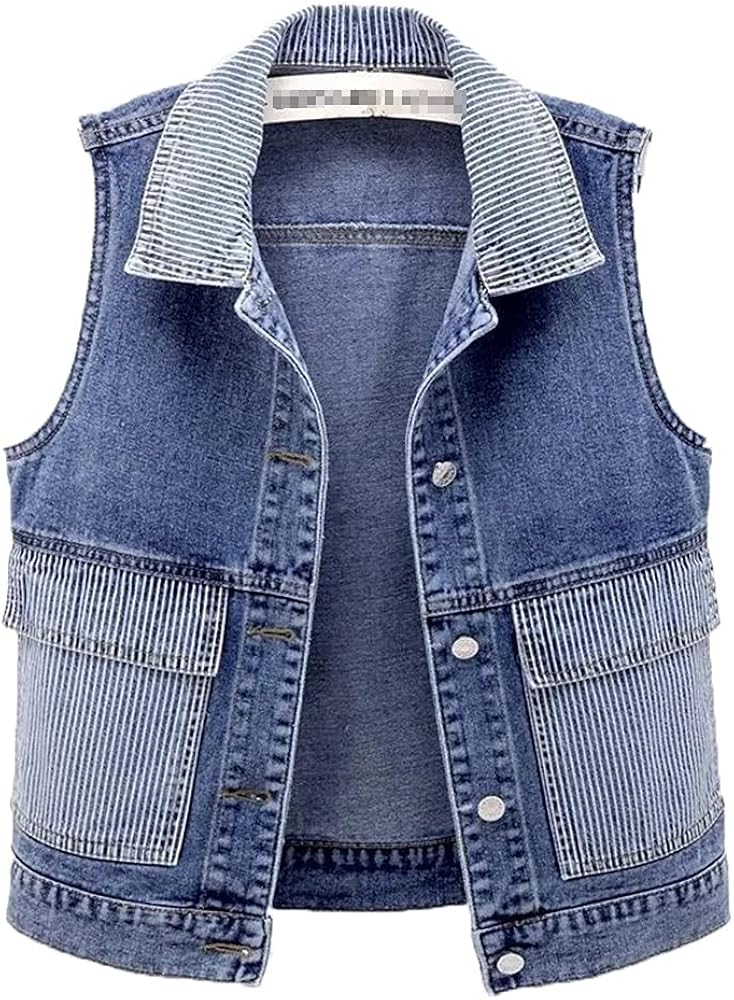 Women's Denim Vest Jacket Spring Autumn Stripe Splicing Short Jean Waistcoat Casual Tops Sleeveless Outerwear