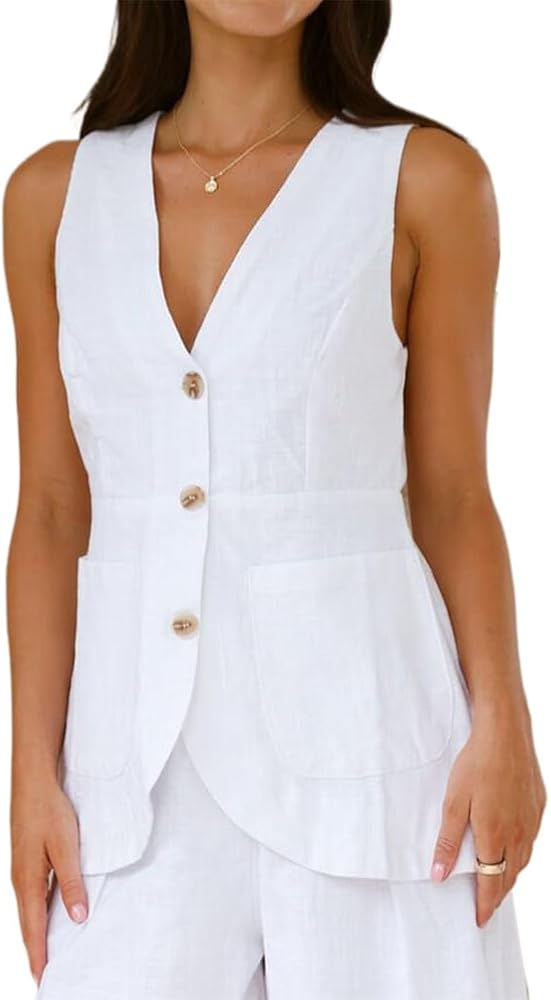 IDEALSANXUN Linen Vest for Women Summer Lightweight Sleeveless Blazer Jackets Button Up Waistcoat Tops