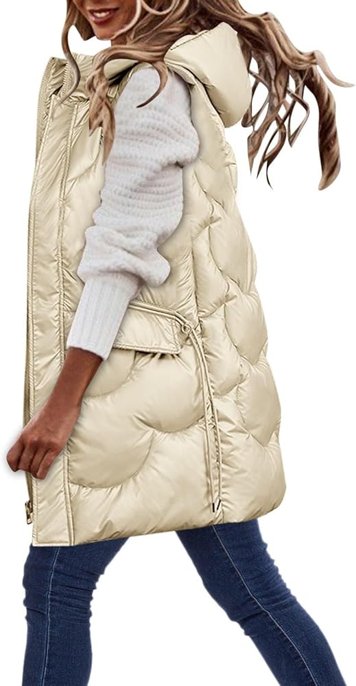 Long Puffer Vest Women with Hood Sleveless Casual Quilted Jacket Outdoor Puffer Down Vest Warm Winter Coat Outerwear