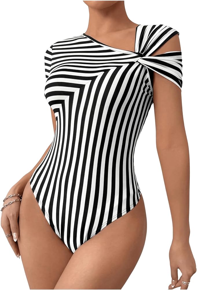 WDIRARA Women's Striped Print Short Sleeve Twist Asymmetrical Neck Shirts Bodysuits Colorblcok Fitted Bodysuit Leotard