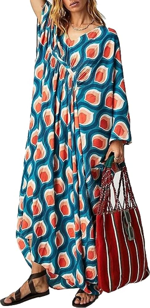 women's Vintage polka dot print boho dress ethnic kaftan loungwear dress oversized swimsuit cover ups vneck batwing