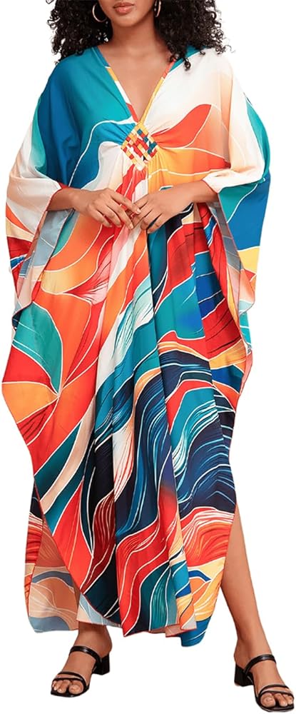 MEILING Women's Printed Long Kaftans Beach Maxi Dress Bikini Swimsuit Caftan Cover ups Swimwear