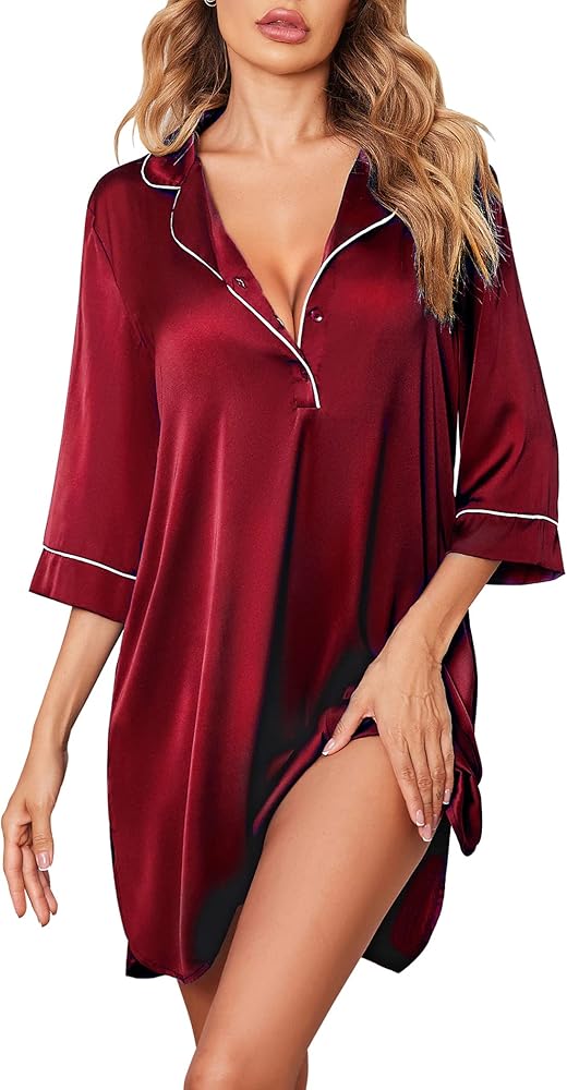 Ekouaer Womens Silk Nightgown 3/4 Sleeve Sleepwear Satin Boyfriend Sleepshirt Button Nightshirt S-2XL