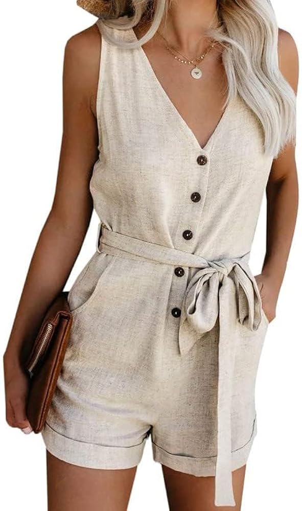 Dokotoo Womens Romper Holiday Elegant Ladies Casual One Piece Sleeveless Pocketed V Neck Front Button Down Short Rompers