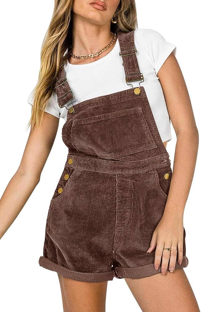 Women Corduroy Short Overalls Romper Jumpsuit Casual Adjustable Straps Cute Plain Overall With Pockets