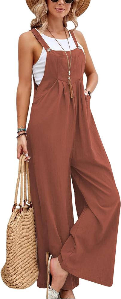 HangNiFang Women's Casual Summer Linen Jumpsuit Adjustable Strap Wide Leg Overalls with Pockets