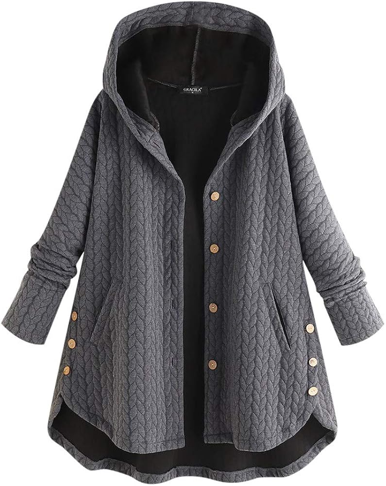 Women's 2024 Winter Sweater Coat Plus Size Warm Soft Fleece Jackets Button Patchwork Hooded Fuzzy Windbreaker Overcoat