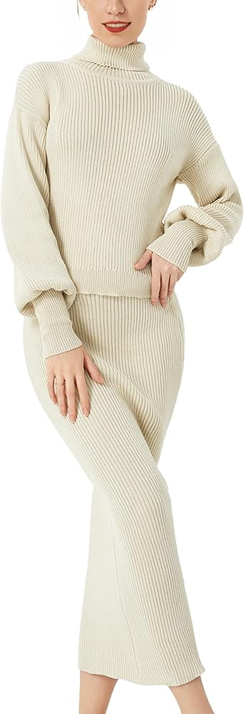 Women's Fall 2 Piece Sweater Set Rib Knit Long Sleeve High Neck Pullover Sweater Maxi Bodycon Skirt Outfit