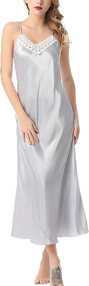 FEOYA Women's 2 Pcs Ice Silky Pajama Set Full Slip Camisole Nightdress Bathrobe Set