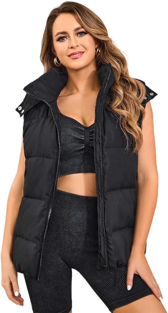 Women's Puffer Detachable Hooded Vest Quilted Lightweight Padded Gilet Jacket Zip Up Warm Outerwear