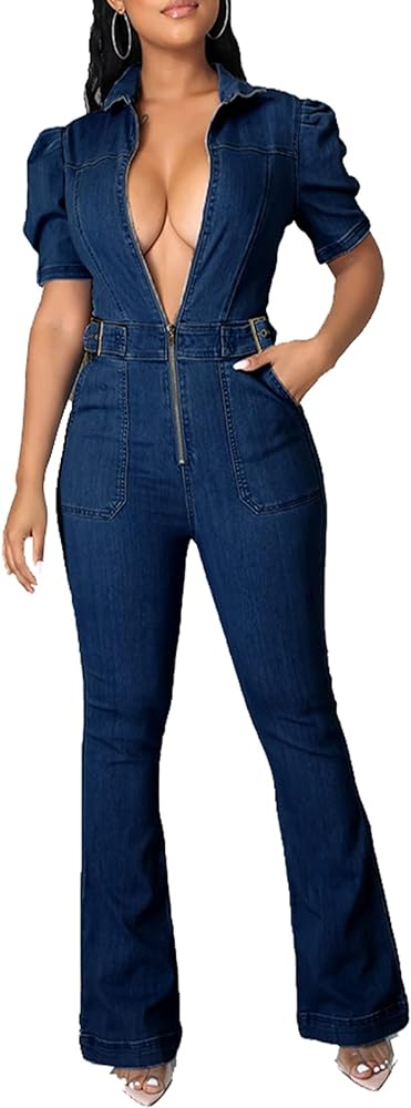 BestGirl Jean Jumpsuits for Women Casual One Piece Zip Up Short Sleeve Jeans Playsuit Overalls