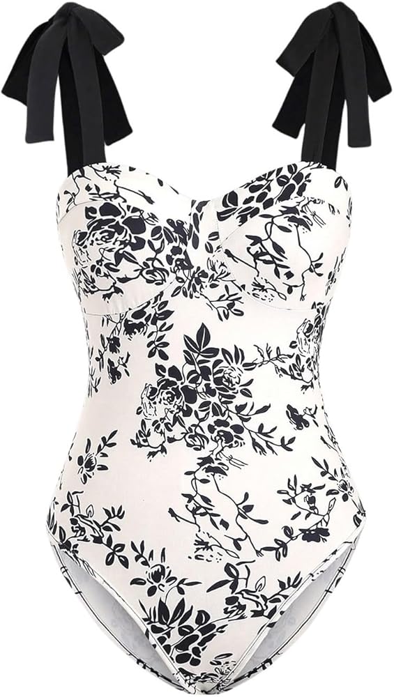 MakeMeChic Women's Sleeveless Tank Tops Bodysuits Floral Tie Shoulder Leotard Cami Bodysuit