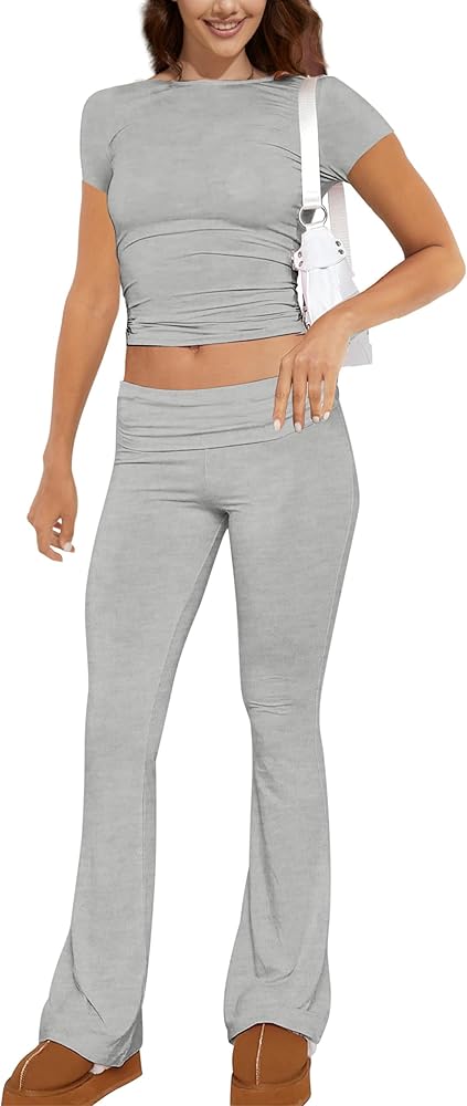 Women's Yoga Lounge Sets Short Sleeve Crop Top and Low Rise Foldover Flare Pants Set Sexy Two Piece Outfits Tracksuit