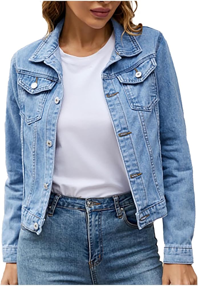 Women's Denim Jackets Stretch Classic Slim Fit Jean Coat Button Long Sleeve Basic Trendy Trucker Outwear with Pocket