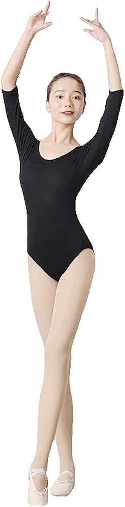 Womens Basic Cotton 3/4 Sleeve Pinch Front Lined Dance Leotard Bodysuit