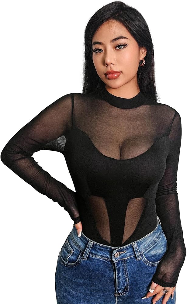 SHENHE Women's Sheer Mesh Long Sleeve Mock Neck See Through Sexy Bodysuit Tops