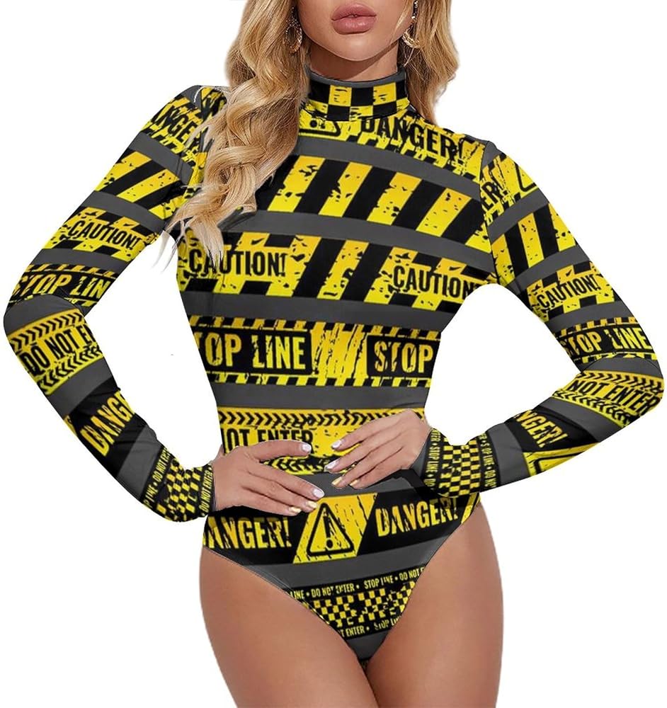 Crime Accident Scene Caution Warning Police Women's Bodysuit Tops Turtle Neck Long Sleeve Jumpsuit Print T Shirt